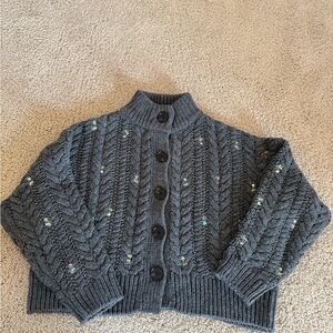 Something Navy Charcoal Gray Cable-Knit Button Cardigan w/Speckle Flower Accents